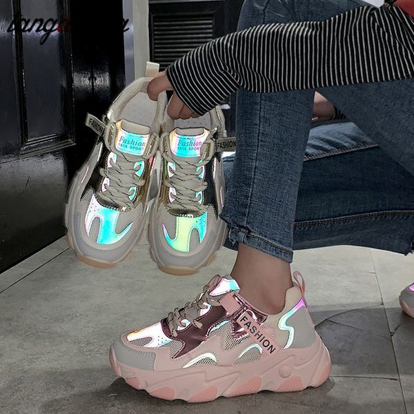

women's chunky running shoes platform sneakers 2020 lace vulcanized shoes ladies luminous casual fitness