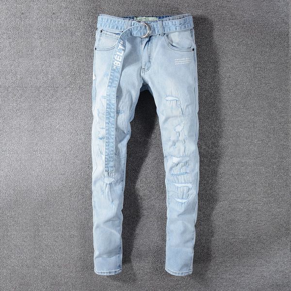 

classic 17"ss style fashion men's off1 jeans blue skinny fit spliced ripped jeans high street destroyed biker denim jeans 29-40