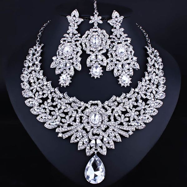 

farlena jewelry clear crystal rhinestones chandelier necklace earrings frontal chain romantic indian bridal jewelry sets t200302, Slivery;golden