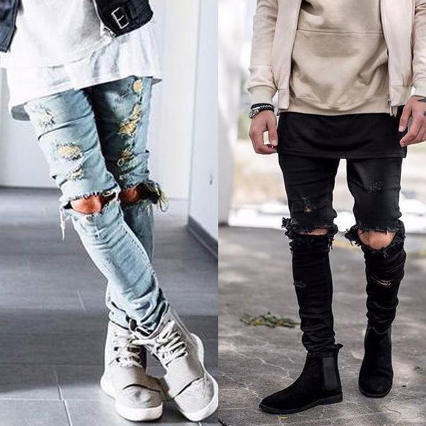 

Wholesale-Mens Ripped Skinny Straight Slim Elastic Denim Fit Biker Jeans Pants Long Pants Stylish Straight Slim Fit Jeans