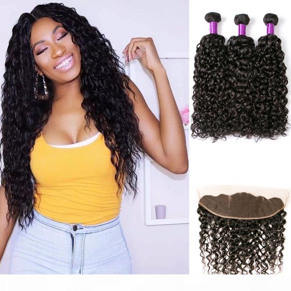 

water wave virgin hair extensions peratar human hair bundles with frontal wholesale 9a brazilian hair 3 bundles with lace frontal, Black