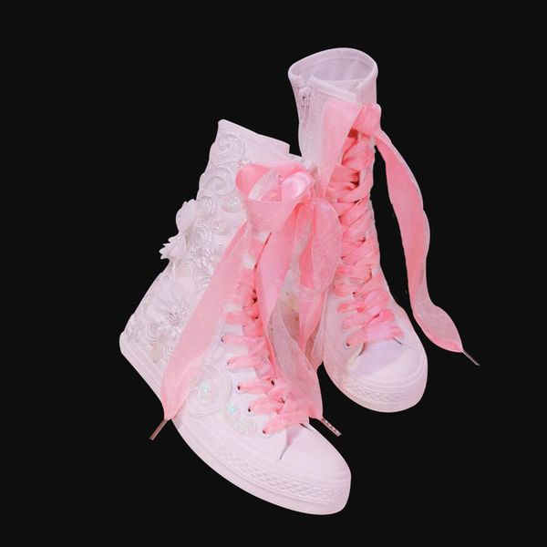 

new 2019 autumn white lace flower mid-calf boots pink lace-up canvas motorcycle boots women platform shoes for girl lady t-055, Black
