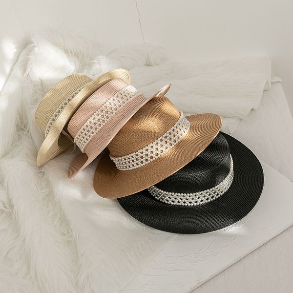

straw pearl lady hepburn wind summer flat small pearl straw hat sunshade beach holiday hat female, Blue;gray