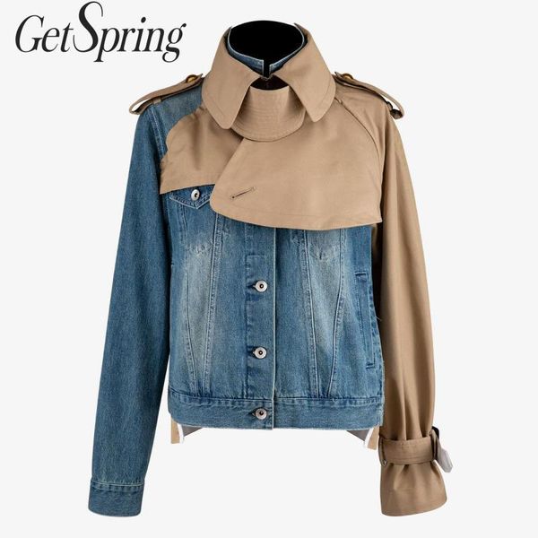

getspring women denim jackets long sleeve patchwork women jackets coats single breasted irregular blue jeans coat, Black;brown
