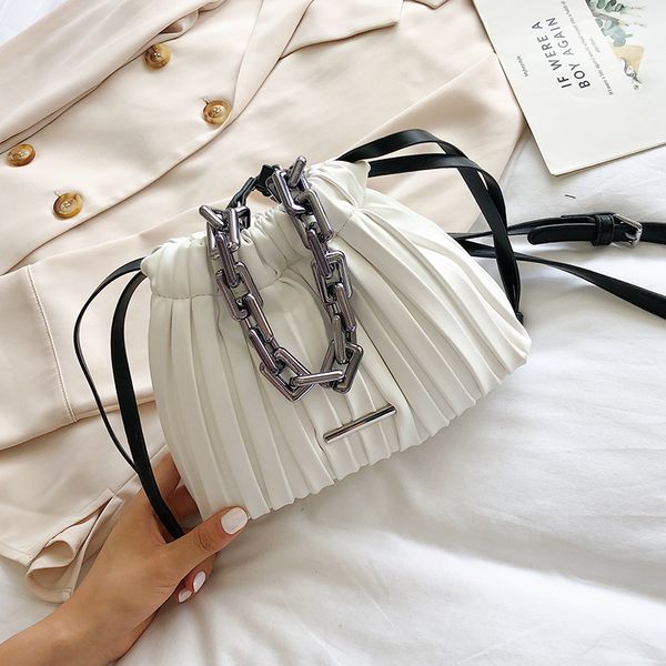

metal chain small pu leather drawstring bucket bag crossbody bags for women 2020 folds design shoulder handbags cross body bag