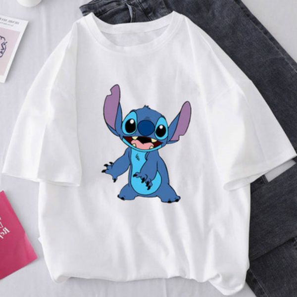 

women's designer t-shirt lilo & stitch fashion t-shirt cute cartoon female style printed leisure t-shirt cute casual loose trackshirt n, White