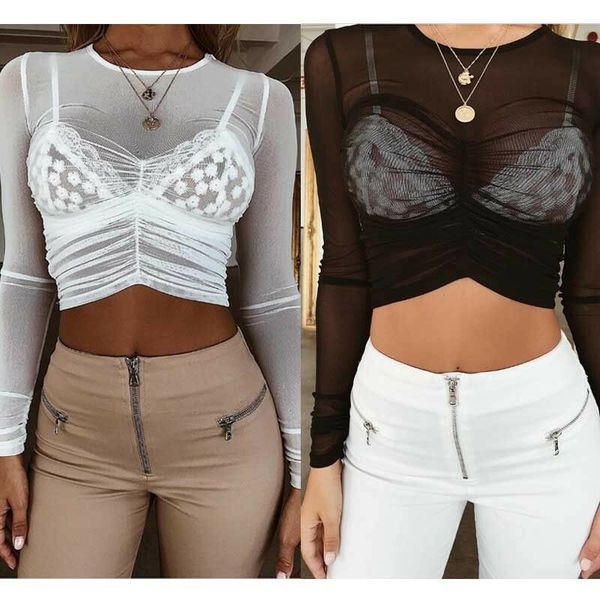 

v-образным вырезом перспектива пальто краткий абзац запас сексуальные женщины с длинным рукавом прозрачная сетка растениеводство топ рубашка, White