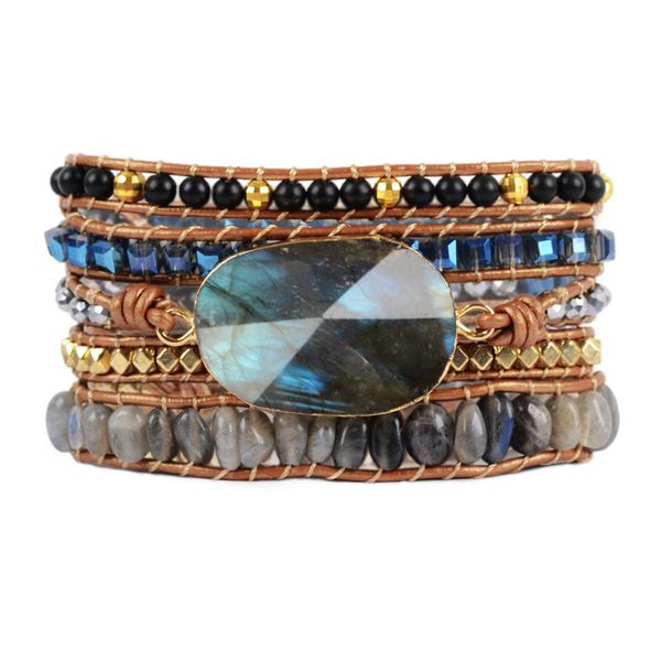 

women wrap bracelet labradorite natural stones 5 times leather strap bracelets multi layers beaded bracelet dropshipping, Golden;silver