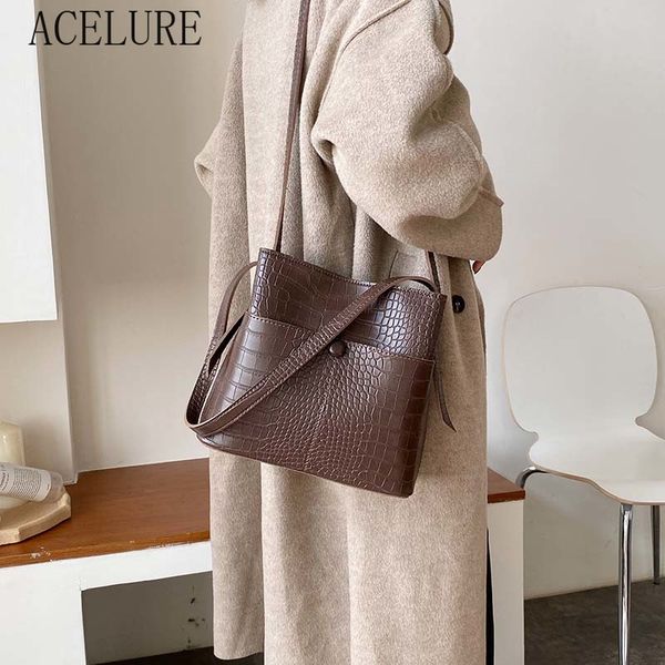 

acelure stone pattern soft coffee pu leather bucket bags for women small shoulder messenger bag female travel handbags purses
