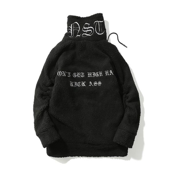 

mens hoodie mens loose zipper sweater high street letters embroidered villus thickening stand collar europe and america fashion retro, Black