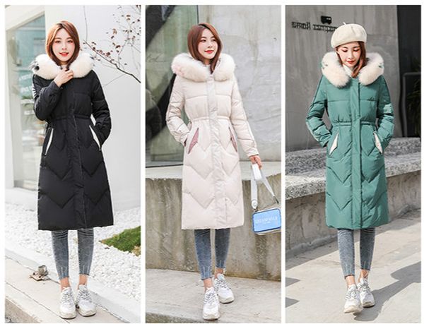 

new winter fur collar hooded long down jacket for women, Black