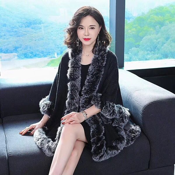 

vogue handcraft faux rex fur coat reversible poncho cape big blends cloak shawl women winter new furwear, Black