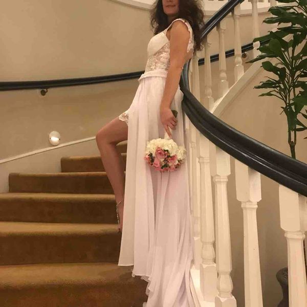 

short front long back casual beach wedding dresses 2019 new backless lace chiffon high low bridal gowns custom plus size, White