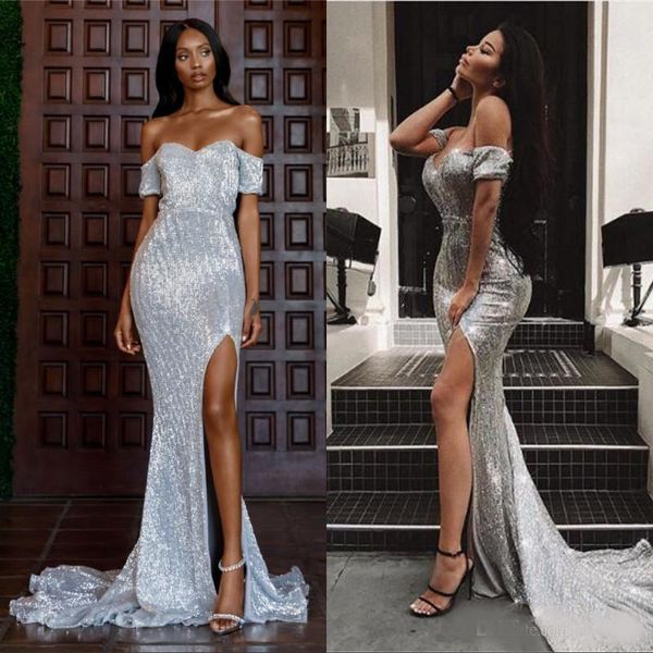

2020 elegant new arabic style silver mermaid prom dresses split off shoulder long prom gowns lace sequined pageant wear evening, Black