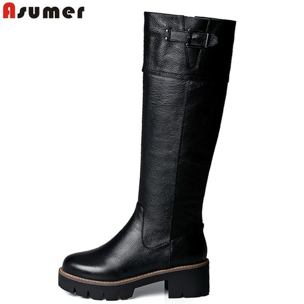 

2020 new arrival pu+genuine leather riding boots square med heel fur platform winter knee high boots women motorcycle, Black