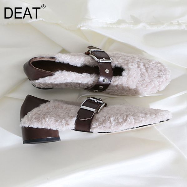 

deat] 2020 round toe shallow lamswool fur casual simple belt buckle single flat shoes women new spring autumn fashion 10f204, Black