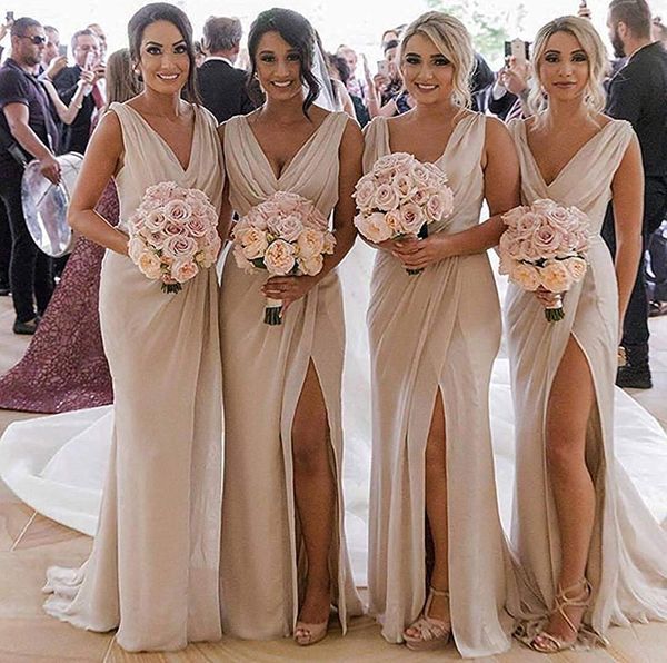 

Simple V Neck Country Bridesmaids Dresses 2020 Plus Size Mermaid High Split Cheap Beach After Party Look Maid of Honors Wear, White;pink