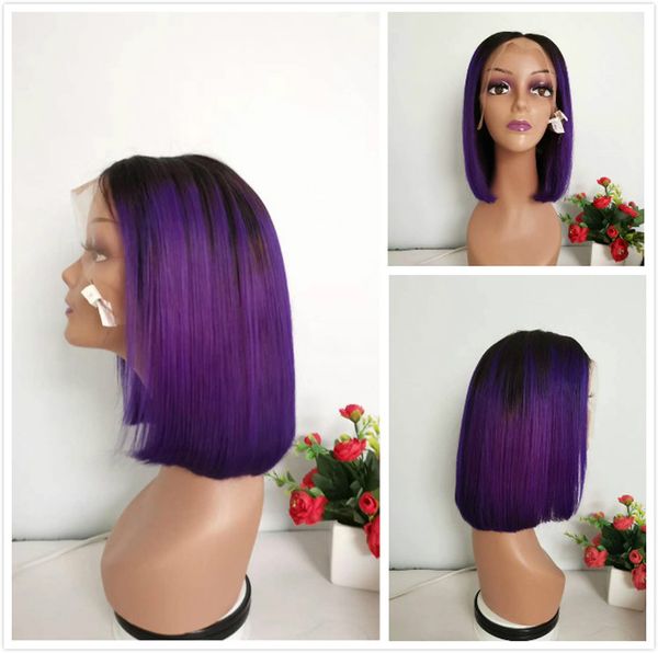 Fashion Purple Ombre Human Hair Wig Brazilian Straight Short Pixie Lace Front Wigs For Black Women Colored 1b Purple Glueless Full Lace Wig Thin Skin