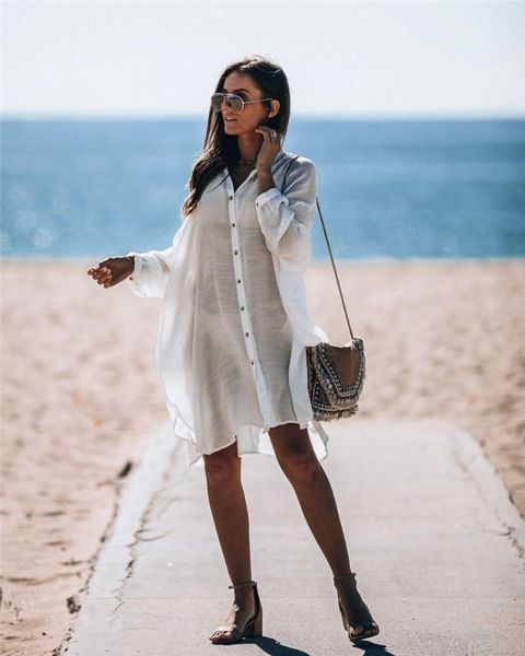 

2020 bikini cover-ups white cotton tunic women beach wear swim suit cover up causual femme sarongs beach dress