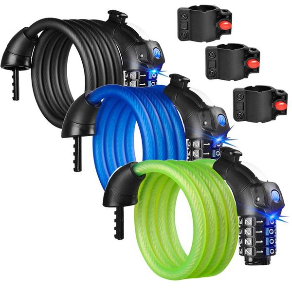 

cycling led high safety bicycle lock with light anti-theft mountain bike coded lock 1.5 m frosted cable led noctilcent