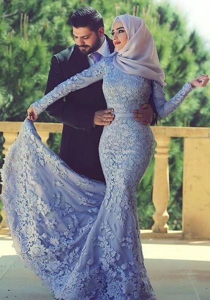 

blue muslim evening dresses 2019 mermaid long sleeves appliques lace scarf islamic dubai saudi arabic long elegant evening gown, White;black