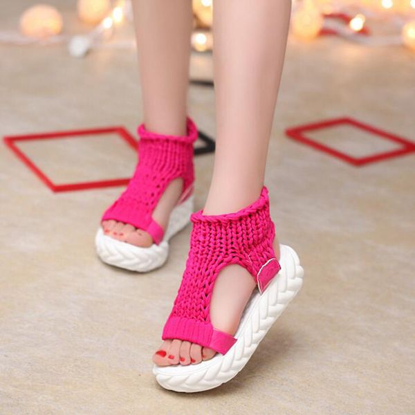 

comfortable casual wool women summer sandals knit platform shoes candy color wedges sandalias for women high heel summer shoes c14, Black