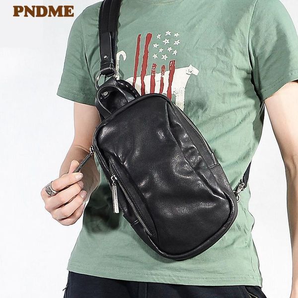 

pndme casual simple genuine leather men's chest bag outdoor daily soft cowhide trend luxury black tablets sports messenger bags