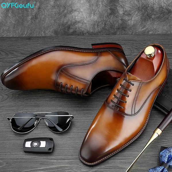

qyfcioufu italian style men formal dress shoe brand genuine leather comfortable wedding shoes men suit shoes flats, Black