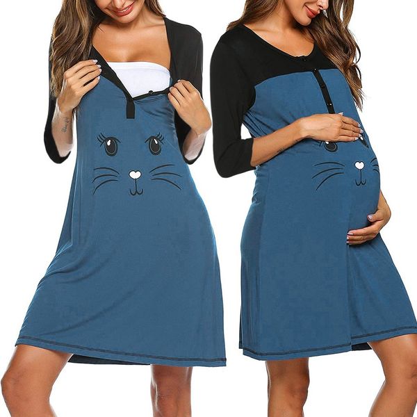 

women maternity 3/4 sleeve cute print nursing nightdress breastfeeding dress, White