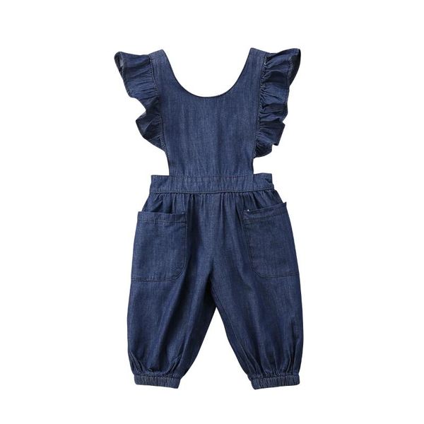 

newborn toddler baby girl denim romper ruffles jumpsuit outfits sunsuit clothes baby clothing, Blue