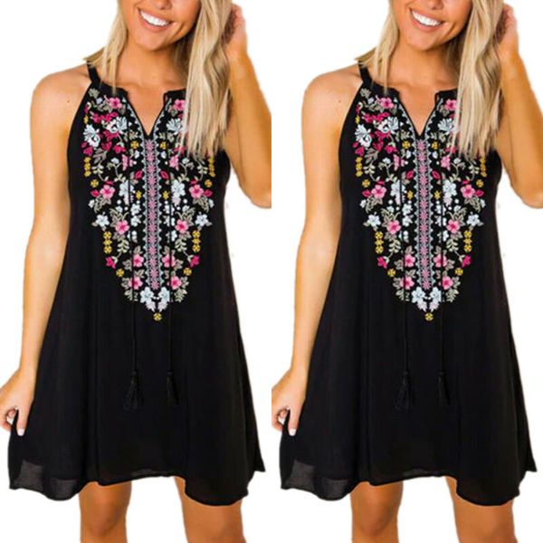 

women boho floral halter neck tunic dress beach sleeveless loose mini sundress, Black;gray