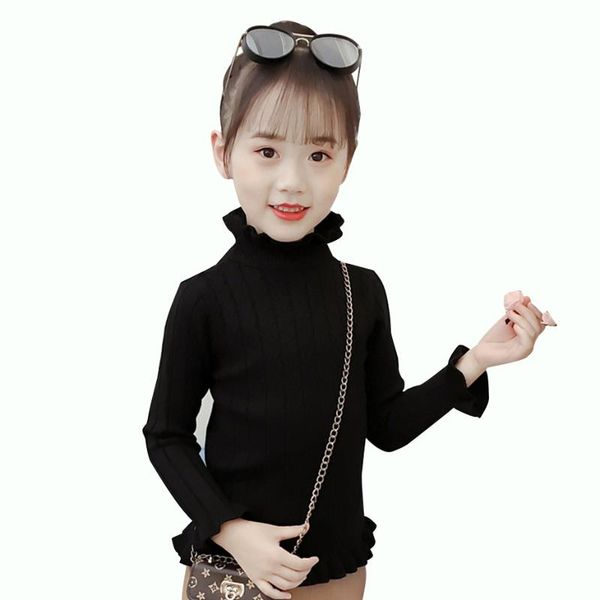 

girls sweaters solid turtleneck sweater for girls ruffle knitting pullover spring autumn casual clothes for school, Blue
