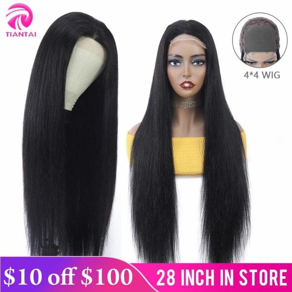 

tiantai 28 inch closure wig 4x4 lace closure wig human hair wigs straight lace for black woman brazilian remy 150 density, Black;brown