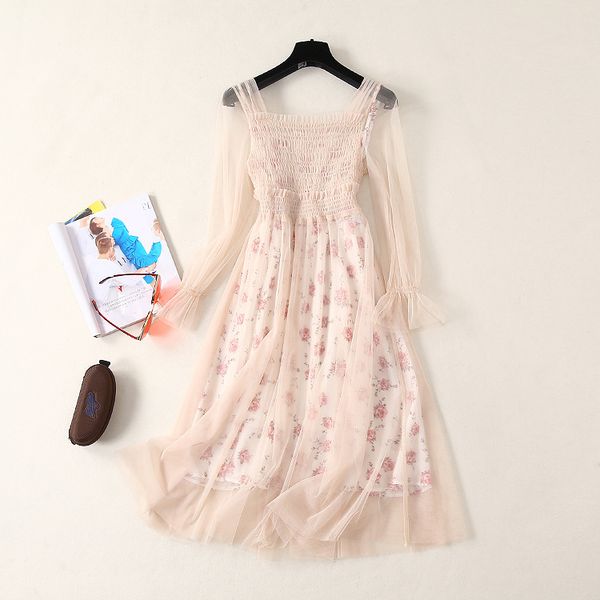 

european and american women's clothing 2019 summer new style gauze dress printed strapless dress two-piece, Black;gray