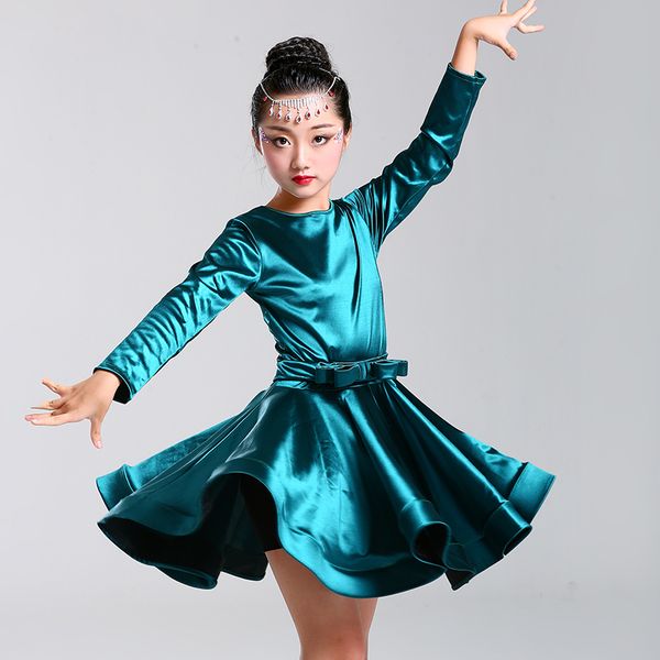 

kid girl's latin dance dress green long sleeve children stage show clothes ballroom party dancewear dancing practice costumes, Black;red