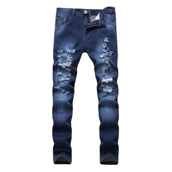 

men multi-with holes jeans men's wear foreign trade worn elasticity dark color slim fit cowboy trousers amazon selling, Blue