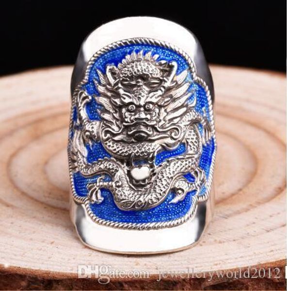 

925 sterling silver dragon ring men ring open vintage blue ring