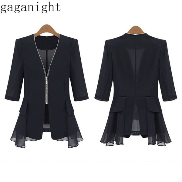 

gaganight summer chiffon women blazer zipper ruffles pocket ladies blusas elegant solid v neck plus size blazers chaqueta mujer, White;black