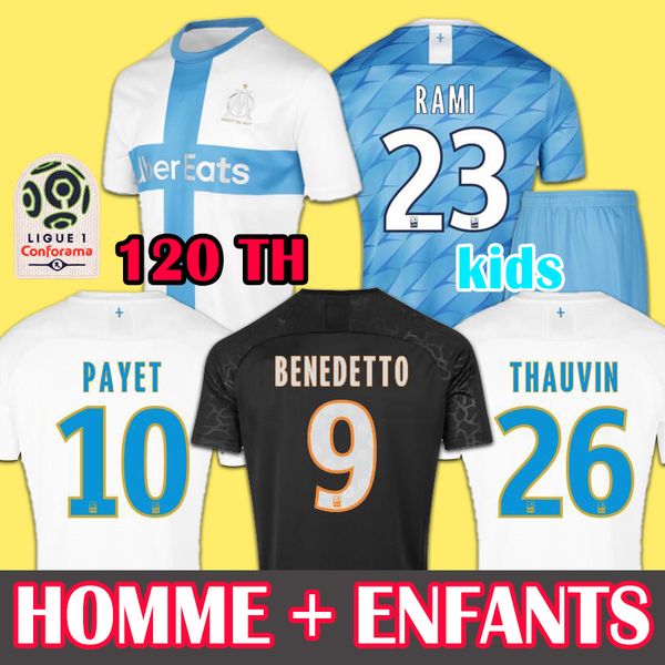

19 20 olympique de marseille soccer jersey om jerseys 2019 2020 maillot de foot payet thauvin benedetto football shirt men + kids 120 years, Black;yellow