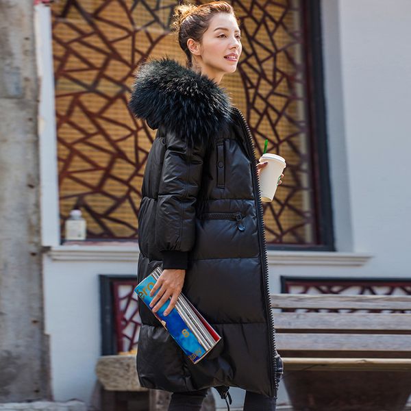 

genuine jacket women sheepskin leather reccoon fur collar down coat winter warm thick outwear k162642 mf423, Black