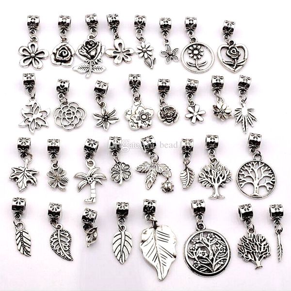 Flores mistas de prata antigas de 160pcs árvores folhas pingentes de pingentes para jóias que fabricam acessórios de bracelete DIY