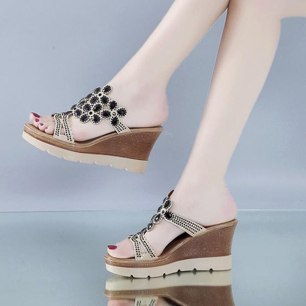 

eillysevens женские сандалии с открытым носком дамы чешский кристалл серебро горный хрусталь обувь клинья толстые peep toe сандалии zapatos#, Black