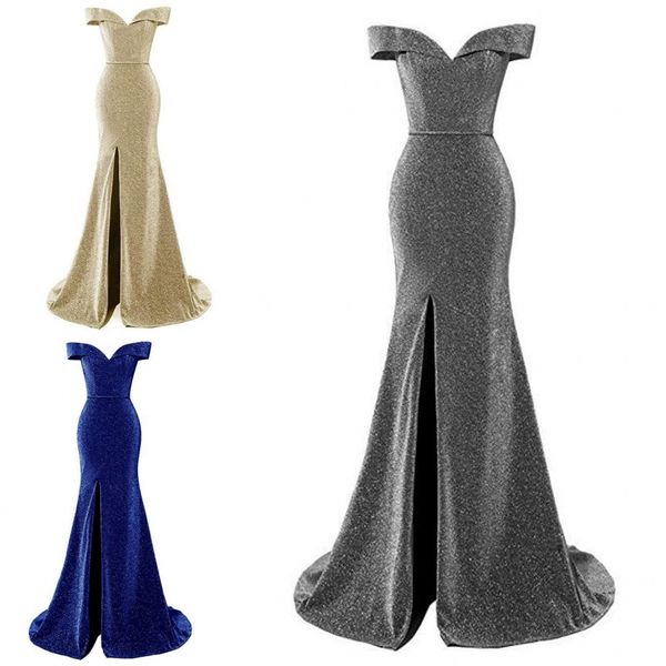 

2019 Bling Grey Royal Blue Gold платья невесты длинные с плеча Русалка боковые разрезы спинки дешевые свадебные платья для гостей выпускного вечера