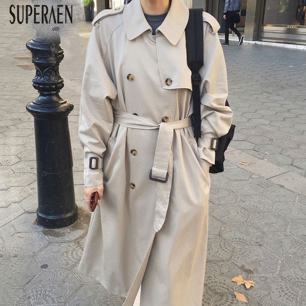 

superaen korean style trench coat for women lapel double-breasted solid color autumn new ladies windbreaker 2019 women clothing, Tan;black