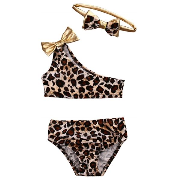 

kids baby girls 3pcs leopard one shoulder vest panties bowknot bikini set swimsuit bathing suit, Blue