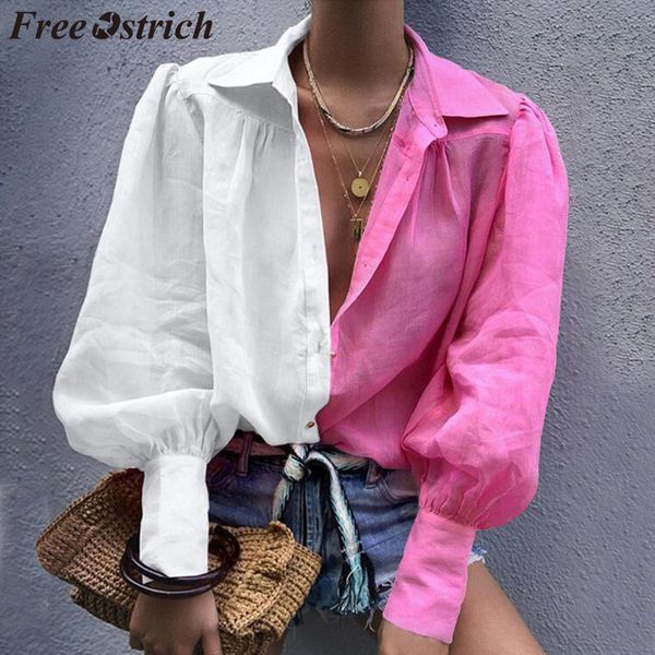 

ostrich womens and blouses lapel lantern sleeve button splicing turn-down collar 2019 popular blouses woman fashion, White