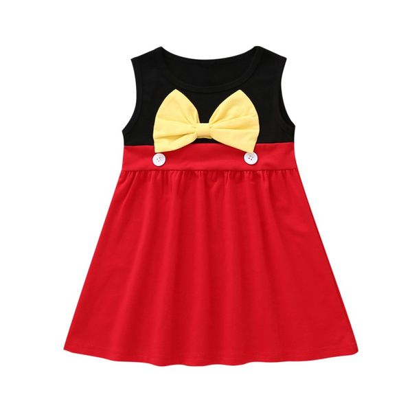 

summer casual party newborn baby girls sleeveless dress patchwork design with bowknot kids dresses for children birthday gift, Red;yellow