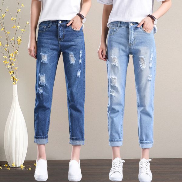 

holes jeans woman xia kuansong autumn 2019 student bf joker high yao xianshou nine part pants, Red