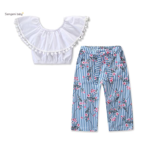 

retail kids outfits girls fashion one shoulder tee + floral wide leg pants 2pcs children clothing set baby tracksuit kids designer clothes, White