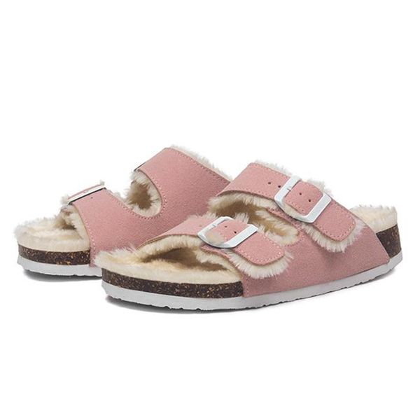 

2019 new style autumn sheep fur cork slipper autumn women casual genuine leather outside solid buckle soft plush slides shoes, Black